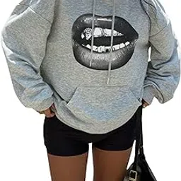 sxv style Casual Minimalist Lip Pattern Loose Fit Hoodie Sweatshirt for Women-picture-48