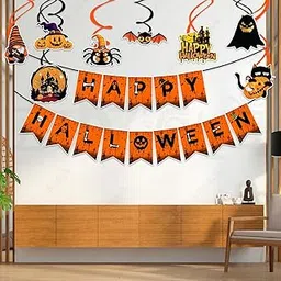Zyozique® Halloween Party Decorations Set, Orange and Black Happy Halloween Paper Banner with Hanging Swirls, Pumpkin, Ghost, Bat, Spider Cutouts for Indoor Home Decor - Pack Of 9-picture-10