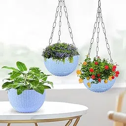 Kuber Industries Pack of 3 Hanging Flower Pot | 7 Inch | Hanging Flower Pot for Living Room | Planters for Home-Lawns & Gardening | Flower Planter for Balcony | Marble Euro | Blue-picture-53