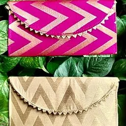 Golden SILK CLOTH Envelope | Shaadi ke lifafe | Wedding | Engagement | Birthday | Festivals | Money - with Golden zigzag band - 8 X 4 INCHES - ONE PAIR (RANI N GOLD COLOUR)-picture-19