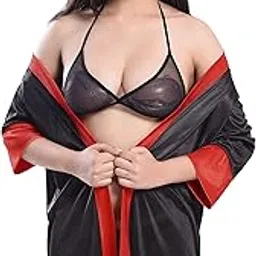 Women's Satin, Net Solid Above Knee Babydoll Nightwear Robe with Lingerie Set-image-3