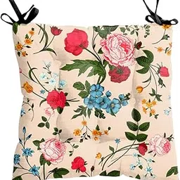 Polyester Flower Printed Square Chair Pads/Seat Cushions with Ties Large for Dining Table - 16X16 Inch (Multicolor, 18Dvchairpad0004) image 1