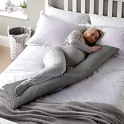 Tishnagi Designer Pregnancy Pillow for Pregnant Women Cotton Soft Full Body Maternity Pillow with Removable Grey Cover with Microfiber Filling (18 x 54 inch), Pack of 1-image-1