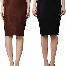 Women Casual Solid Self Design Beige and Brown Pencil Skirt (Pack of 2 Skirt) | Women Skirt Set | Women Trendy Skirt-image-3