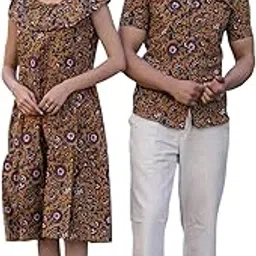 Matching Couple Floral Print Dress and Shirt Set, Kalamkari Pattern, Brown and Blue-picture-20