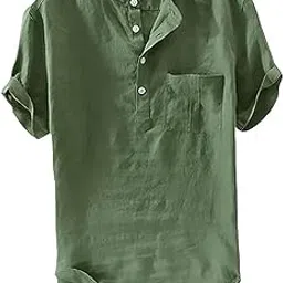 om designer Men's Casual Solid Cotton Regular Fabric Plain Half Sleeve Cotton Kurta with Pocket with Mandarian Collar Short Kurta-picture-11