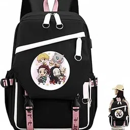 fancyku Demon Anime Backpack for Girls with USB Charging Port and Headphone Jack, Waterproof 14-Inch Laptop Bag, Large Capacity Casual Travel School Bag Daypack for Kids Teens Students, Black-picture-50