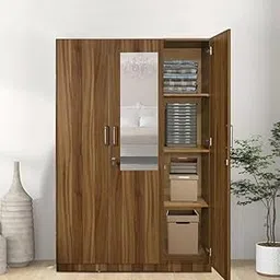 3 Door Wardrobe with Mirror, Walnut Wood Finish, Multiple Shelves and Hanging Rod, Lockable Storage Cabinet-picture-14