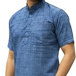 Khadi Cotton Short Kurta for Men, Mandarin Collar (in, Alpha, L, Standard, Blue)-picture-54