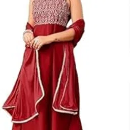 janasya Women's Maroon Chanderi Silk Zari Embroiderd A-line Kurta Set-picture-16
