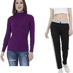 Women Winter Wear Woolen Warm High Neck/Sweaters and Solid Fleece Warm Track Pants/Lower (Pack of 2)-image-88