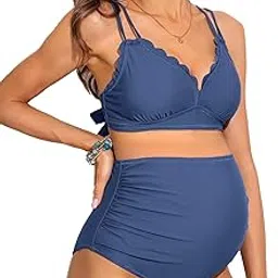 charmo Women's Two Piece Maternity Swimsuit High Waisted Bikini Scalloped Trim-picture-43