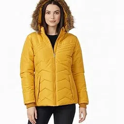 d'aura Women's Quilted Puffer Jacket with Faux Fur Hood, Yellow, Winter Insulated Coat, Full Zip Front, Side Pockets-picture-13