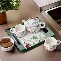 Ceramic Tea Set with Kettle and Tray with 2 Cups, 1 Teapot & 1 Tray Hand-Painted Design Tableware Tea Pot Kettle Set-Color-Multi (Multi Floral)-picture-31