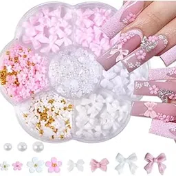 NPAH Nail Charms, Flower Bow Manicure Kit, Pink White 3D Cute Flower and Bow Nail Charms, 3D Acrylic Flowers Nail Gems with White Half Pearls Nail Art Decoration (Pink Bow Miler)-picture-47