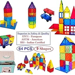 GELTILES® Magnetic Tiles 64 Pieces of Building 3D Sets, Constructing and Creative STEM Learning Educational Next Generation Multicolor Toy Building Blocks for Kids Brain Development with a Storage Box-image-0