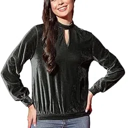 vaararo Velvet Full Sleeve Top for Women | Keyhole Neck Blouse with High Neck Design-picture-28