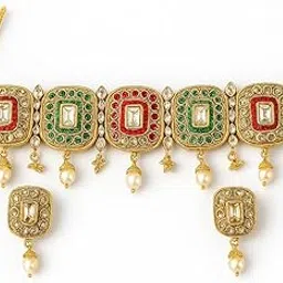 Choker Necklace Set with Earrings, Multicoloured Gemstones and Pearl Drops, Gold Plated, 35 cm-picture-13