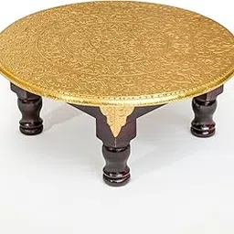 Crafted wonders Handcrafted Round Wooden Pooja Bajot, Brass-Plated Traditional Design, Multi-Purpose Decorative Stool, Dark Wood with Gold Pattern Rituals & Festive Decor Home (15-Inch)-picture-62