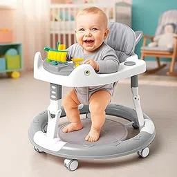 VGRASSP Soft Cushioned 360° Musical Baby Walker for Boys and Girls - Foldable, 7 Level Height Adjustment with Musical Tray Toy, Seat, Foot Mat, Ideal for 9-24 Months Babies - Grey image 1