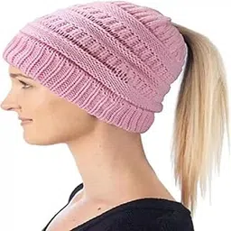 Women Woolen | Winter Ponytail Style Soft Knitted Caps | Multicolor | Trendy Caps for Girls (Pink)-picture-56