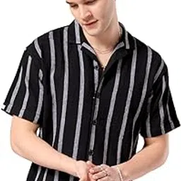 the indian garage co Men's Cotton Relaxed Fit Striped Half Sleeves Cuban Collar Resort Wear Shirt-picture-12