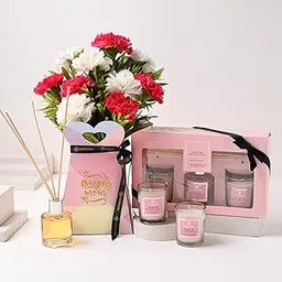 FlowerAura Fresh Live 10 Mix Carnations In Box Flower Bouquet With Diffuser-Candle Set | Gift For Mother | Gift For Mom | Gift For Maa | Gift For Mother-In-Law | Mother's Day Gift (Same Day Delivery)-image-21