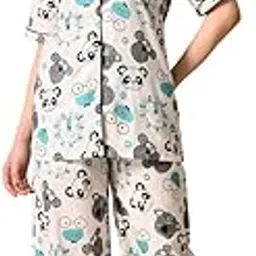 fazoka Women's Cotton Animal Printed Night Suit top & Pyjama Set (White Grey)-picture-24
