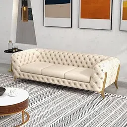 The Wood Gallery >Modern Living Room 3 Seater Luxury Chesterfield Sofa in Velvet Fabric for Living Room, Hall, launge, Office Color (Cream) Sofa-image-8