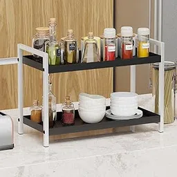 Lukzer 2 Layer Multi-Functional Metal Kitchen Rack | Space-Saving Organizer for Kitchen Spice Jars/Bathroom Essentials | Stylish Daily Accessible Countertop Organizer (42.5x29.5x20/White)-image-67