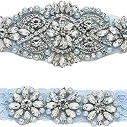 yanstar Wedding Garters for Bride, Blue Lace Bridal Garter Set with Clear Rhinestones Crystal Pearl-picture-43