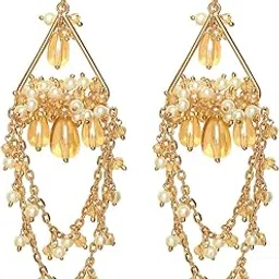 sanjoya Embroidered Earrings for Women | Golden Layered Pearl & Chain Dangler Earrings | Ethnic Jewelry for Weddings, Festivals & Special Occasions image 1