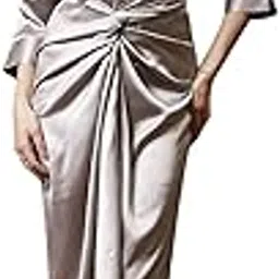 poshbery Grey Front Knotting Satin Skirt-picture-20