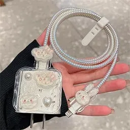 AEETZ 3D Silicone Cartoon Design Charger Case/Cover with 360° Protection Suitable for iPhone (20W/18W) Adapter, with USB-C Lightning Cable Protector (Rabbit)-picture-12