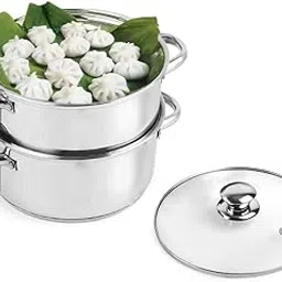 CELLO Steelox Induction Compatible Stainless Steel with Glass Lid | Multi Purpose Pasta Steamer/ Momo / Modak Maker | Vegetable Steamer | Rice Steamer | 2 Tier Steamer Pot Set-picture-20