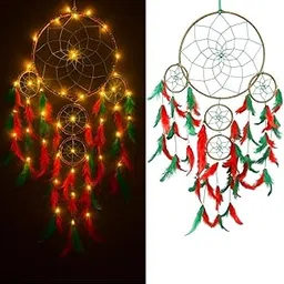 DULI Handmade Dream Catcher with LED Fairy Lights | Natural Pastel Dyed Feathers Wall Hanging | 75 cm Length x 21 cm Width | Boho Room & Home Décor Gift (5RingDCwithLight-RedGreen)-image-22