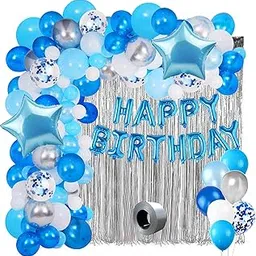 Party Propz Blue Theme Birthday Decoration Kit, 70 Pcs Combo, Birthday Decoration Kit For Boys, Girls, Happy Birthday Banner, Foil Balloons With Foil Curtain, Blue&White Balloons For Decoration-picture-15