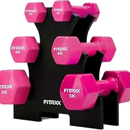 Fitrxx Vinyl Dumbbells With Stand | Men and Women | Non-Slippery Dumbbell for Home and Gym | Full Body Workout (Pink, 3 kg, 4 kg, 5 kg = 24 Kg) image 1