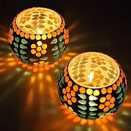 Mahganya Mosaic Glass Tealight Candle Holders Decorative Items for Home Pack of 2-image-56