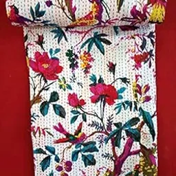 Creations Traditional Ethnic Kantha Indian Bedding Single Emerald Cotton Tropical Fruit Hand Stitched Bedding Bed Cover by Textile export creations Creations(90x60 Inch)-image-10