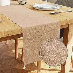 Encasa XO 4 Seater Dining Embossed Velvet Table Runner | Size 32X150 Cm | Beige Color With Premium Polyester - Machine Washable, Large-picture-14