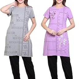Women's Cotton Printed Half Sleeves Kurta and Pyjama Night Suit Set (Grey_Lavendar Purple 1_Combo_Pack_Parent) (Combo Pack)-image-21