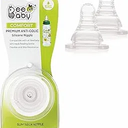 BeeBaby Comfort Anti-Colic Soft Silicone Nipple/Teat with Carry Case for Slim Neck Baby Feeding Bottle. Slow Flow. (S Hole) (Pack of 2) 0M+ |100% BPA Free. | Easy to Latch.-picture-68