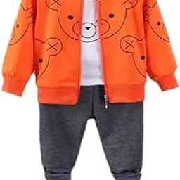 bold n elegant Polyester Blend Fun Cartoon Bear Kids T-Shirt With Jacket & Jogger Pants 3 Piece Winter Clothing Set For Infant Toddler Baby Boy's Girls-picture-45