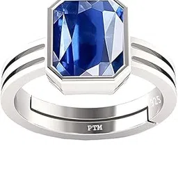 ptm Natural Blue Sapphire/Neelam 3.25 Ratti to 10.25 Ratti or 3 Carat to 9.5 Carat Astrological Certified Gemstone/Square Shape Sterling Silver/bis Hallmark Adjustable Ring for Men & Women image 1