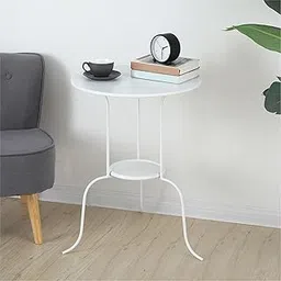 Metal Round Tea and Coffee Table, 68x50cm, Wrought Iron, Double-Layer, Retro, Side Table for Bedroom, Balcony, Garden, Living Room (White)-picture-56