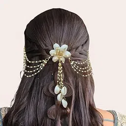 Jasbaat Tassel Cowrie Ear Chain Hair chain Accessory, Pearl and Shell Design, 3 Layer Wedding Hair Jewellery for Women-picture-47