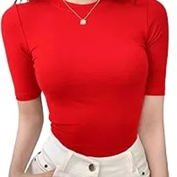 istyle can Slim Fit Plain Stretchable Round Neck Rib Knit Short Sleeve Regular Top for Women | T Shirt | Tee-picture-56