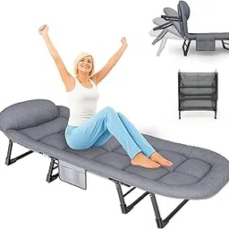Chaise Lounge Chair, Folding Cot, 6-Angle Adjustable Camping Cot with Mattress for Patio and Beach, Foldable Bed Portable Heavy Duty Lay Flat Reclining with Pillow (Gray, M - 70'') image 1
