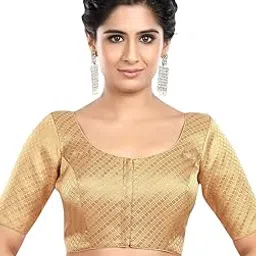 biyu Women's Brocade Woven Half Sleeves Round Neck Readymade Saree Blouse-picture-11